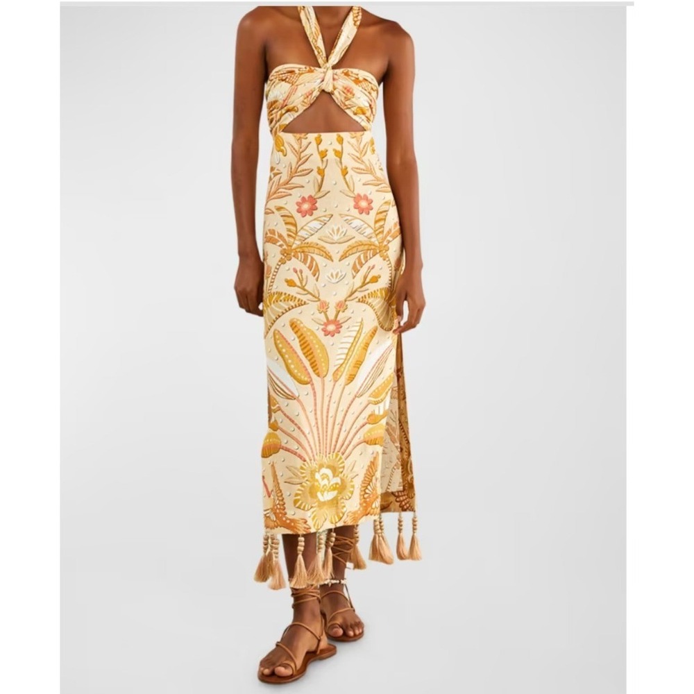 Farm Rio Jungle Chic Sand Midi Dress Women XXS Tan NWT Tassel Cutout Halter